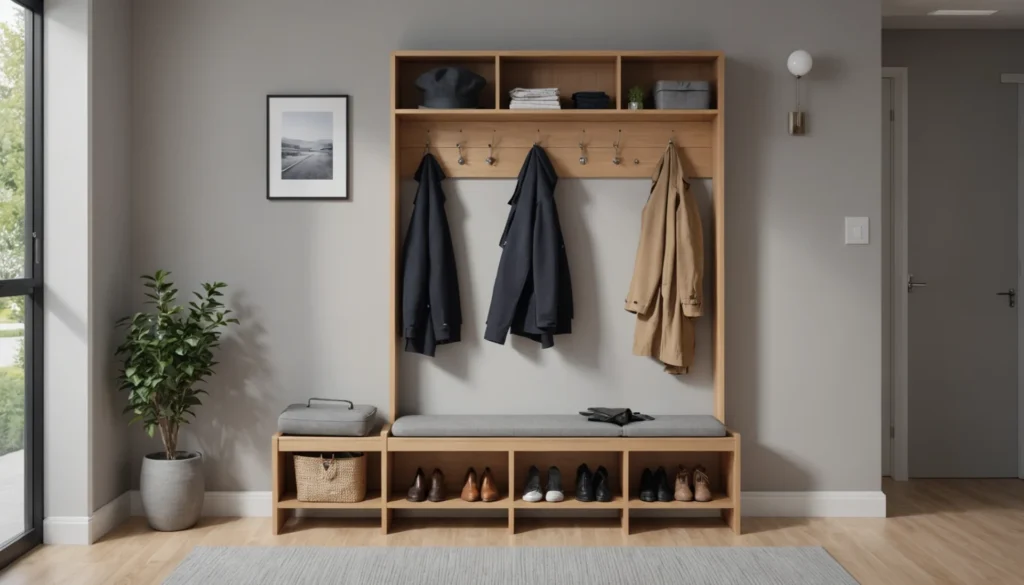 vestiaire dans le couloir avec banc